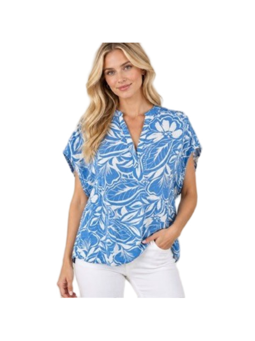 Old Navy Blue Tropical Floral Crinkle Gauze Split V-Neck Popover Cap Slv Top XL